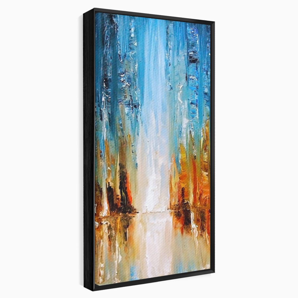 Tablou canvas cu pictura abstracta cu cascada albastra, in rama de aluminiu negru